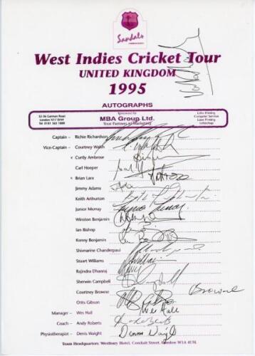 West Indies tour to England 1995. Official autograph sheet with printed title and players’ names, fully signed in ink by the twenty listed members of the West Indies touring party and one other. Signatures of listed tour members are Richardson (Captain), 