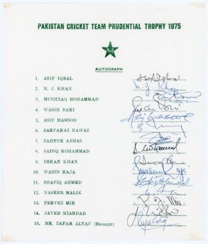 Pakistan team for the Prudential World Cup, England 1975. Official autograph sheet with printed title and players’ names, fully signed in ink by all fifteen of the listed members of the touring party. Signatures are Asif Iqbal (Captain), Majid Khan, Musht