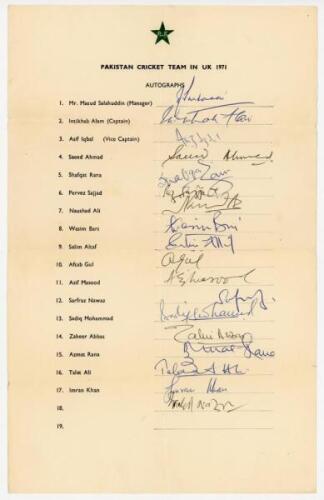 Pakistan tour to England 1971. Scarce large official autograph sheet with printed title and players’ names, signed in ink by eighteen members of the touring party. Signatures are Intikhab Alam (Captain), Asif Iqbal, Saeed Ahmad, Shafqat Rana, Perfez Sajja