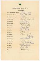 Pakistan tour to England 1971. Scarce large official autograph sheet with printed title and players’ names, signed in ink by eighteen members of the touring party. Signatures are Intikhab Alam (Captain), Asif Iqbal, Saeed Ahmad, Shafqat Rana, Perfez Sajja