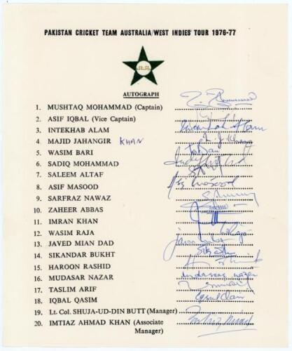 Pakistan tour to Australia and West Indies 1976/77. Rarer official autograph sheet with printed title and players’ names, fully signed in ink by all eighteen of the listed playing members of the touring party. Signatures are Mushtaq Mohammad (Captain), As