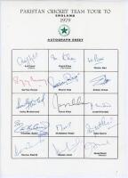 Pakistan team for the Prudential World Cup, England 1979. Official autograph sheet with printed title and players’ names, fully signed in ink in different coloured pens by all fifteen of the listed members of the touring party. Signatures are Asif Iqbal (