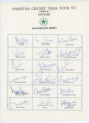 Pakistan tour to India 1979/80. Rarer official autograph sheet with printed title and players’ names, fully signed in ink by all eighteen of the listed members of the touring party. Signatures are Asif Iqbal (Captain), Majid Khan, Wasim Bari, Wasim Raja, 