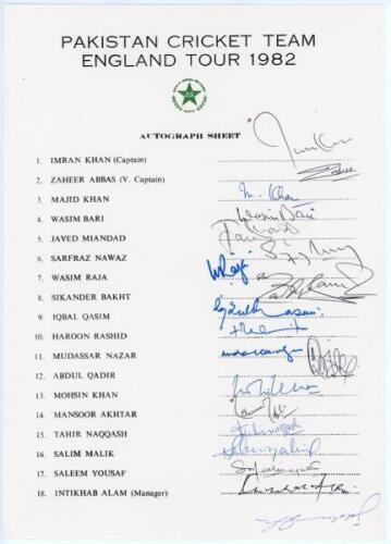 Pakistan tour to England 1982. Official autograph sheet with printed title and players’ names, fully signed in ink by all eighteen of the listed members of the touring party and one other. Signatures are Imran Khan (Captain), Zaheer Abbas, Majid Khan, Was