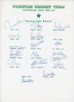 Pakistan tour to Australia 1983/84. Rarer official autograph sheet with printed title and players’ names, fully signed in ink by all seventeen listed members of the touring party. Signatures are Imran Khan (Captain), Zaheer Abbas, Javed Miandad, Wasim Bar