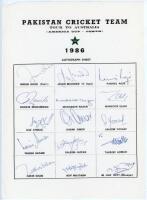 Pakistan tour to Australia (America Cup- Perth) 1986. Official autograph sheet with printed title and players’ names, fully signed in ink by all fifteen listed members of the touring party. Signatures are Imran Khan (Captain), Javed Miandad, Rameez Raja, 