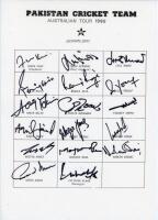 Pakistan tour to Australia 1990. Official autograph sheet with printed title and players’ names, fully signed in thick black ink by all seventeen of the listed members of the touring party. Signatures are Imran Khan (Captain), Javed Miandad, Ijaz Ahmed, S