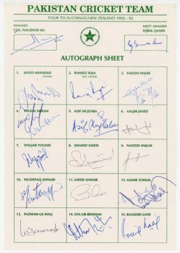 Pakistan tour to Australia & New Zealand 1992/93. Official autograph sheet with printed title and players’ names. Appears to be signed in ink by twenty one members of the touring party. Some signatures are superimposed. Signatures include Javed Miandad (C