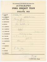 India tour to England 1952. Official autograph sheet with printed title and players’ names, fully signed in ink by all eighteen listed members of the touring party. Signatures are Hazare (Captain), Gulam Ahmed, Chowdhury, Divecha, D.K. Gaekwad, H.G. Gaekw