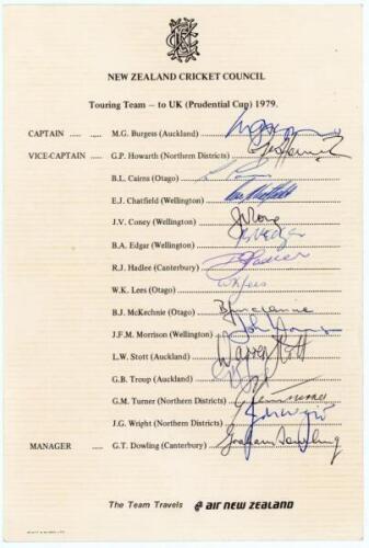 New Zealand tour to England for the Prudential World Cup 1979. Official autograph sheet with printed title and players’ names, nicely signed in ink by all fifteen listed members of the New Zealand touring party. Signatures are Burgess (Captain), Howarth, 