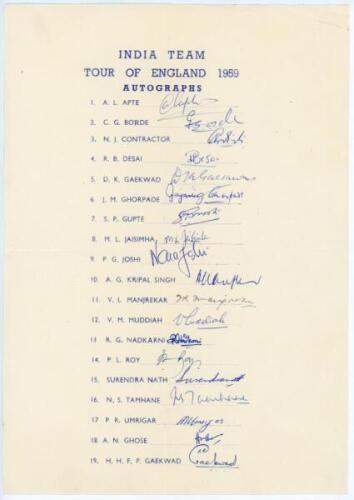 India tour to England 1959. Official autograph sheet with printed title and players’ names, fully signed in ink by all nineteen listed members of the touring party. Signatures are Gaekwad (Captain), Borde, Contractor, Desai, Ghorpade, Gupte, Jaisimha, Jos