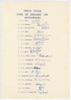 India tour to England 1959. Official autograph sheet with printed title and players’ names, fully signed in ink by all nineteen listed members of the touring party. Signatures are Gaekwad (Captain), Borde, Contractor, Desai, Ghorpade, Gupte, Jaisimha, Jos