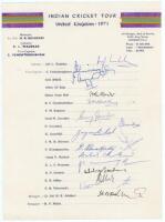 India tour to England 1971. Official autograph sheet with printed title and players’ names, signed in ink by seventeen of the listed members of the touring party. Signatures are Wadekar (Captain), Venkataraghavan, Abidali, Baig, Bedi, Chandrasekhar, Gavas