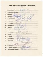 India tour to New Zealand and West Indies 1976. Rarer official autograph sheet with printed title and players’ names, fully signed in ink by the nineteen listed members of the touring party. Signatures are Bedi (Captain), Gavaskar, M. Amarnath, S. Amarnat