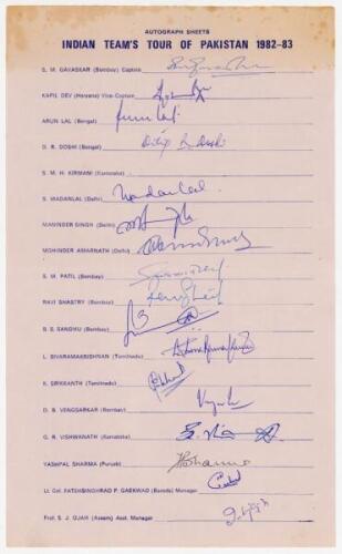 India tour to Pakistan 1982/83. Rarer official autograph sheet with printed title and players’ names, signed in ink by seventeen of the eighteen listed members of the India touring party. Signatures are Gavaskar, (Captain), Kapil Dev, Doshi, Madal Lal, Ma