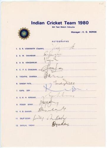 India v Pakistan 1979/80. Rarer official autograph sheet with printed title and players’ names, fully signed in ink by the twelve listed members of the India team for the 6th Test v Pakistan at Eden Gardens, Calcutta, 29th January- 3rd February 1980. Sign