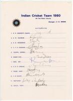 India v Pakistan 1979/80. Rarer official autograph sheet with printed title and players’ names, fully signed in ink by the twelve listed members of the India team for the 6th Test v Pakistan at Eden Gardens, Calcutta, 29th January- 3rd February 1980. Sign