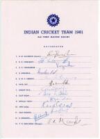 India v England 1981/82. Official autograph sheet with printed title and players’ names, signed in ink by the thirteen listed members of the India team for the 3rd Test, Delhi, 23rd- 28th December 1981. Signatures are Gavaskar, (Captain), Vishwanath, Veng