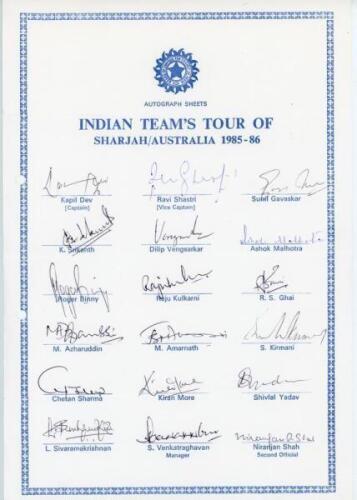 India tour to Sharjah & Australia 1985/86. Official autograph sheet with printed title and players’ names, fully signed in ink by all eighteen listed members of the India touring party. Signatures are Kapil Dev (Captain), Shastri, Gavaskar, Srikanth, Veng