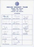 India tour to Australia & New Zealand. World Cup 1992. Rarer official autograph sheet with printed title and players’ names, signed in ink by all sixteen listed members of the Indian touring party. Signatures are Azharuddin (Captain), Shastri, Kapil Dev, 