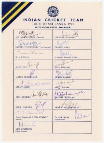 India tour to Sri Lanka 1993. Rarer official autograph sheet with printed title and players’ names, fully signed in ink by all nineteen of the listed members of the Indian touring party. Signatures are Azharuddin (Captain), Tendulkar, Raman, Kapil Dev, Pr