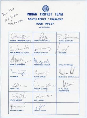 India tour to South Africa & Zimbabwe 1996/97. Rarer official autograph sheet with printed title and players’ names, signed in ink by eighteen of the listed members of the Indian touring party. Signatures are Tendulkar (Captain), Kumble, Azharuddhin, Rama