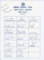 India tour to South Africa & Zimbabwe 1996/97. Rarer official autograph sheet with printed title and players’ names, signed in ink by eighteen of the listed members of the Indian touring party. Signatures are Tendulkar (Captain), Kumble, Azharuddhin, Rama