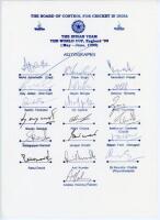 India tour to England. World Cup 1999. Official autograph sheet with printed title and players’ names, fully signed in ink by all nineteen of the listed members of the Indian touring party. Signatures are Azharuddhin (Captain), Jadeja, Tendulkar, Ganguly,