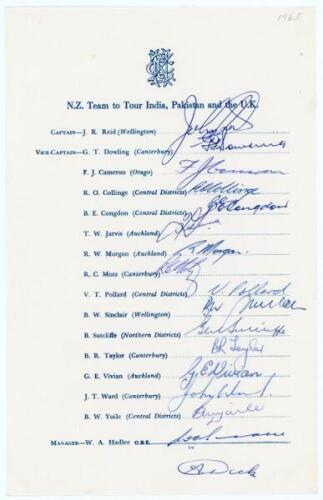 New Zealand tour to India, Pakistan & England 1965. Rarer official autograph sheet with printed title and players’ names, fully and nicely signed in ink by all sixteen of the listed members of the New Zealand touring party and one other. Signatures are Re