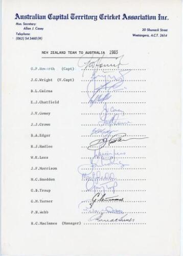 New Zealand tours to Australia 1982/83 and England 1983. Two official autograph sheets with printed titles and players’ names. One an Australian Capital Territory Cricket Association page fully signed by the fifteen listed members of the touring party, th