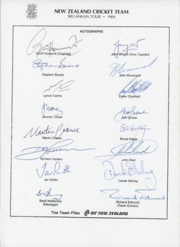 New Zealand tour to Sri Lanka 1984. Official autograph sheet with printed title and players’ names, fully signed in ink by the sixteen listed members of the touring party. Signatures are Howarth (Captain), Wright, Boock, Bracewell, Cairns, Chatfield, Cone