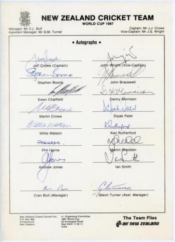 New Zealand tours for the World Cup in India 1987 and to Australia 1987/88. Three official autograph sheets, each with printed title and players’ names. The 1987 World Cup sheet fully signed in ink by all sixteen of the listed members, and the 1987/88 (tw