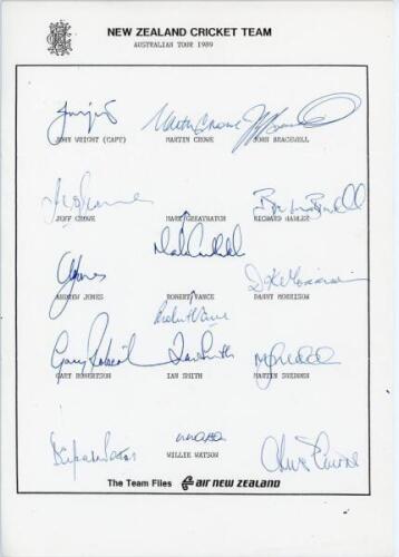 New Zealand tours to Australia 1987/88 & 1989/90. Official autograph sheet for the 1989/90 tour to Australia fully signed by the fifteen members of the New Zealand touring party. Sold with two official Western Australian Cricket Association autograph shee