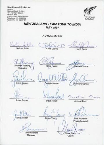 New Zealand 1997. Three official autograph sheets, all fully signed. Sheets are New Zealand tour to India, May 1997 (17 signatures), team for the first Test v England, Eden Park, 24th- 28th January 1997 (15), and the tour to Kenya and Zimbabwe 1997 (18). 