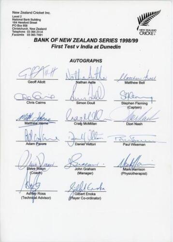 New Zealand 1998/99 and World Cup 1999. Two official autograph sheets for the 1998/99 series against India. One for the first Test v India at Dunedin, 18th- 22nd December 1998 (17 signatures), the other for the fifth one day international, Christchurch, 1