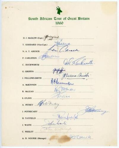 South Africa tour to England 1960. Official autograph sheet with printed title and players’ names, fully signed in ink by all sixteen listed members of the touring party. Signatures are McGlew (Captain), Goddard, Adcock, Carlstein, Duckworth, Griffin, Fel