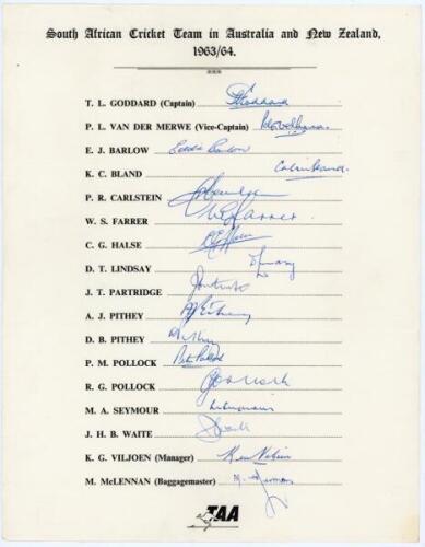 South Africa tour to Australia & New Zealand 1963/64. Official autograph sheet with printed title and players’ names, fully signed in ink by all seventeen listed members of the touring party. Signatures are Goddard (Captain), van der Merwe, Barlow, Bland,