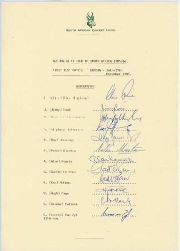 South Africa v ‘Rebel’ Australia XI 1985/86. Official South Africa Cricket Union autograph sheet for South African team for the first unofficial Test match at Durban, 26th- 29th December 1985. The sheet with printed titles and players’ names fully signed 