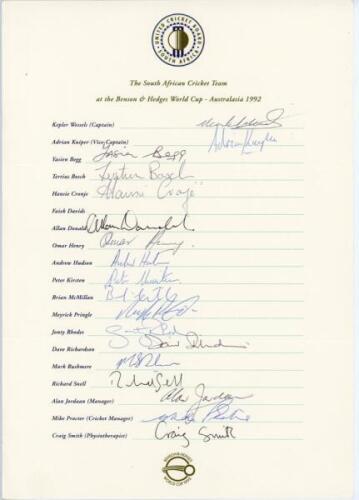 South Africa tour to Australia, World Cup 1992. Official autograph sheet with printed title and players’ names, signed by eighteen members of the listed members of the touring party. Signatures are Wessels (Captain), Kuiper, Begg, Bosch, Cronje, Donald, H