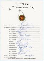 Sri Lanka 1977. Official autograph sheet with printed title and players’ names, signed in ink by all sixteen listed members of the Sri Lanka team for the M.C.C. tour of 1977. Signatures are Tennekoon (Captain), Fernando, Warnapura, D.S. de Silva, Mendis, 