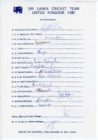 Sri Lanka tour to England 1981. Official autograph sheet with printed title and players’ names, signed in ink by fifteen listed members of the Sri Lanka touring party. Signatures are Warnapura (Captain), G.R.A. de Silva, Kaluperuma, Ranasinghe, Madugalle,