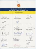 Sri Lanka tour to Australia & New Zealand 1983. Official autograph sheet with printed title and players’ names, signed in ink by seventeen listed members of the Sri Lanka touring party. Signatures are Mendis (Captain), Dias, S. de Silva, de Mel, de Alwis,