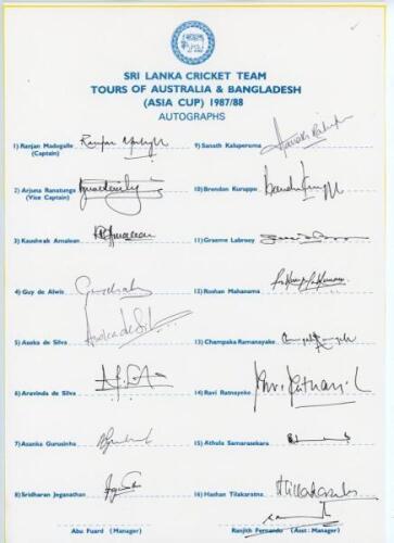 Sri Lanka tour to Australia & Bangladesh 1987/88. Official autograph sheet with printed title and players’ names, fully signed in ink by all sixteen listed players of the Sri Lanka touring party. Signatures are Madugalle (Captain), Ranatunga, Amalean, de 