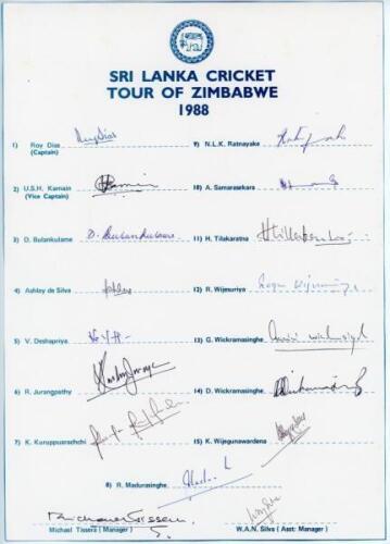 Sri Lanka tours to Zimbabwe 1988 & 1994. Two official autograph sheets with printed titles and players’ names, both fully signed in ink by the members of the Sri Lanka touring parties. Tours are to Zimabawe 1988 (17 signatures), and 1994 (16). Players’ si