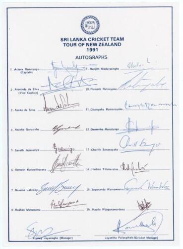 Sri Lanka tours to New Zealand 1991 & 1995. Two official autograph sheets with printed titles and players’ names, both fully signed in ink by the eighteen members of the Sri Lanka touring parties. Tours are to New Zealand 1991 and to New Zealand & Sharjah