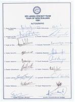 Sri Lanka tours to New Zealand 1991 & 1995. Two official autograph sheets with printed titles and players’ names, both fully signed in ink by the eighteen members of the Sri Lanka touring parties. Tours are to New Zealand 1991 and to New Zealand & Sharjah