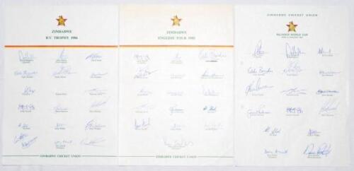 Zimbabwe autograph sheets 1985-1987. Three official Zimbabwe Cricket Union autograph sheets, all fully signed. Sheets are for the Zimbabwe tour to England 1985 (16 signatures), I.C.C. Trophy in England 1986 (17 signatures, lacking one of Hick), and the Wo