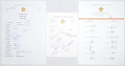 Zimbabwe autographs sheets 1993-1994/95. Three official Zimbabwe Cricket Union autograph sheets, two of which are fully signed by the listed players. Sheets are for the tour to India March 1993 (15 signatures), to England 1993 (15), and ‘National Players 