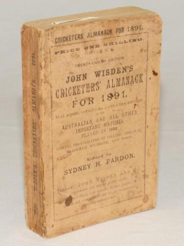 Wisden Cricketers’ Almanack 1891. 28th edition. Original paper wrappers. Heavy soiing and staining to wrappers and spine paper with minor wear, some minor loss to spine paper, minor creasing to rear wrapper and some rounding to wrapper corners. Some break