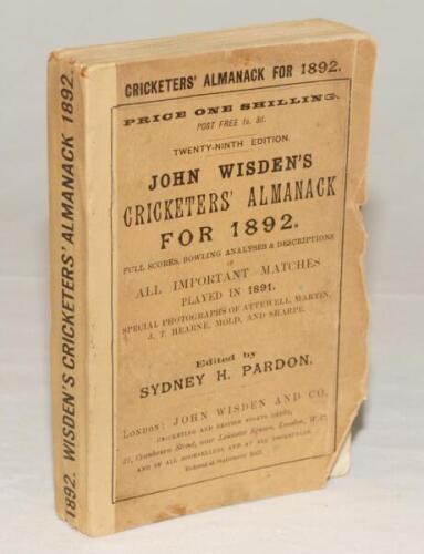 Wisden Cricketers’ Almanack 1892. 29th edition. Original paper wrappers. Replacement spine with printed title, some wear, creasing and small loss to wrapper extremities, printed stamp to first adverting page otherwise in good condition